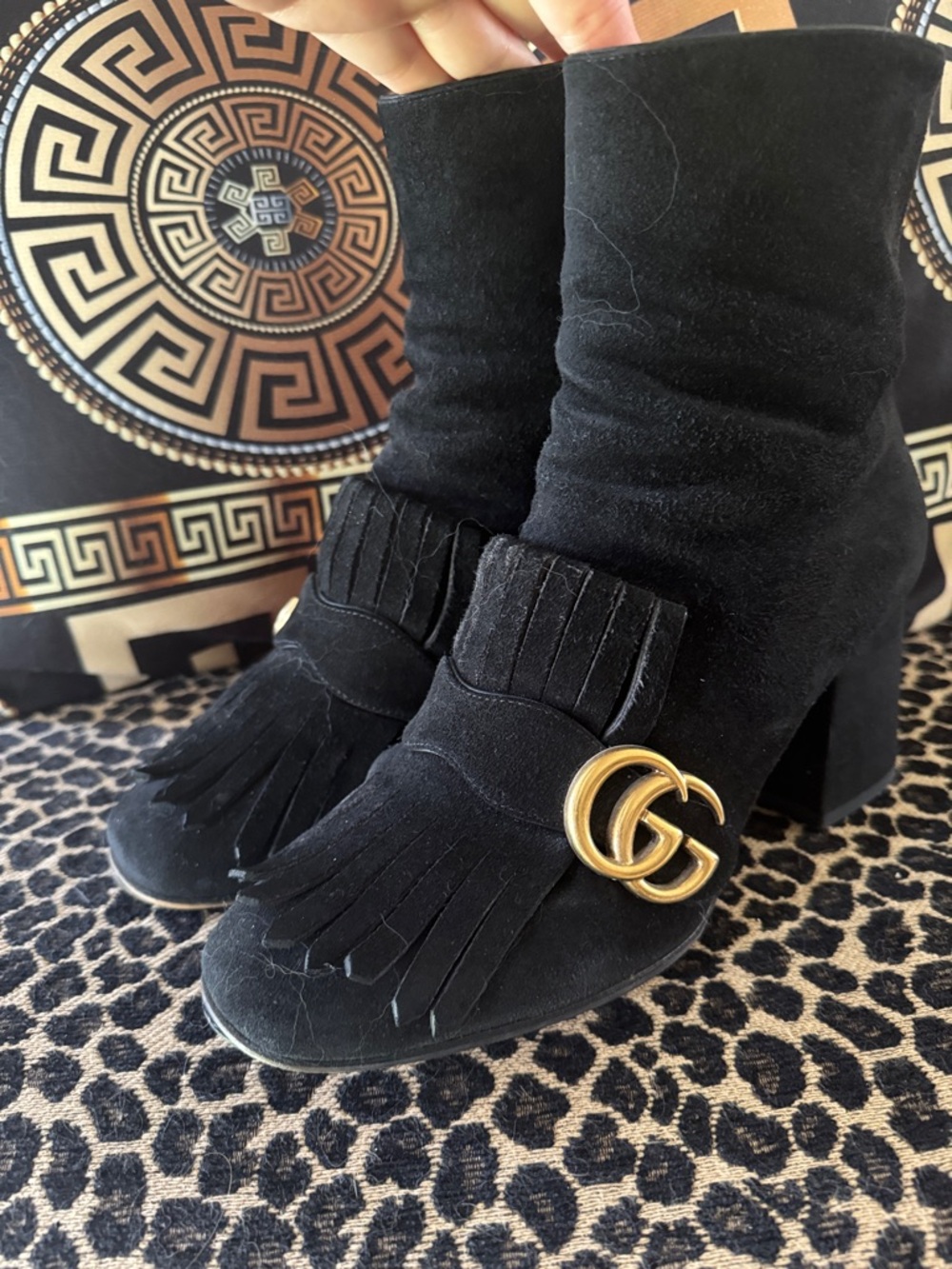Gucci Marmont Black Suede Fringe Mid-Calf Boots with Gold Double G Hardware